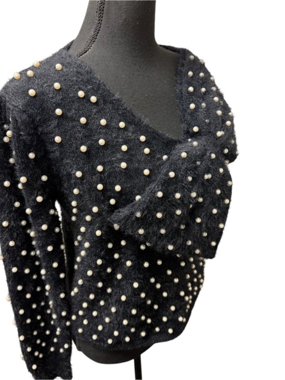 BIBI Black Pearl Embellished Fuzzy Sweater L V Neck Bow Holiday Glam - Picture 4 of 11